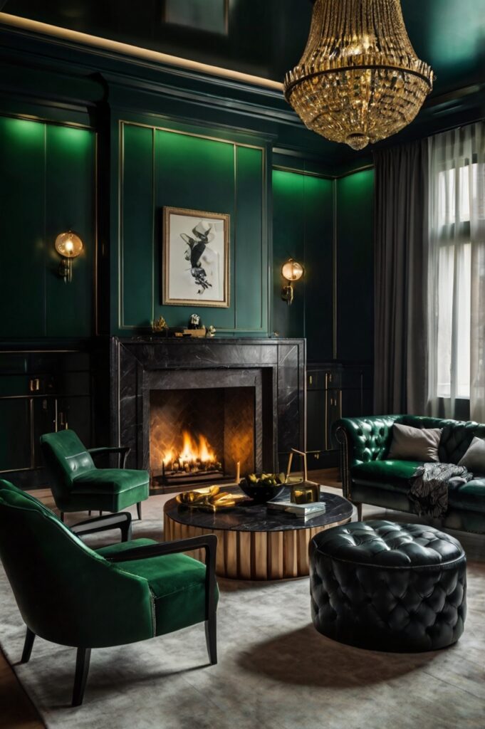 10. Deep Green Walls with Black Leather Seating